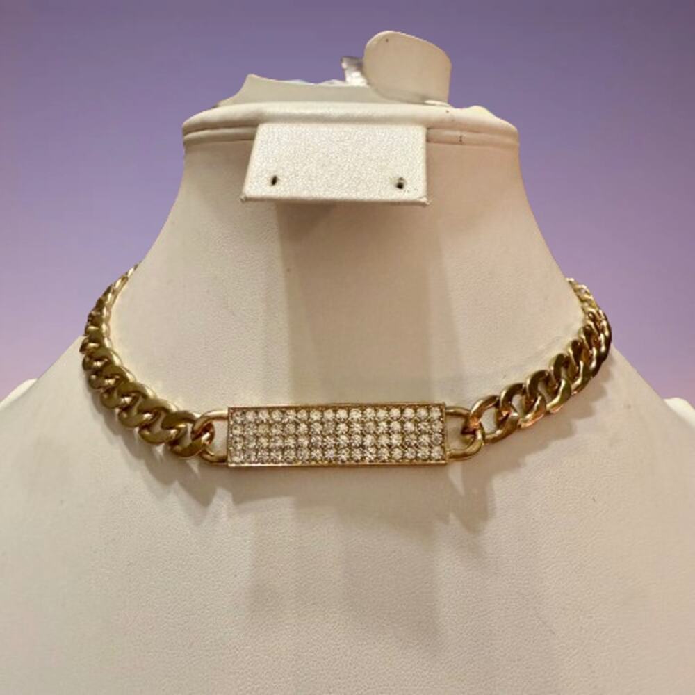 Thick Gold Tone Choker Chain Rhinestone Necklace